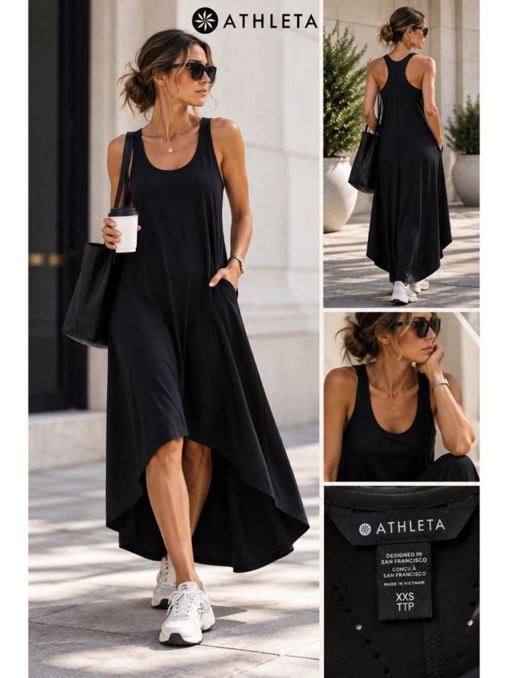 Athleta Presidio Lasercut Dress XXS Black High Low Racerback Travel Midi